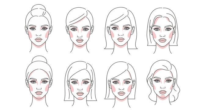 Collection of eight female face shape types in minimalist line art with pink contouring highlights showing facial anatomy for makeup application, beauty guides, and aesthetic symmetry.