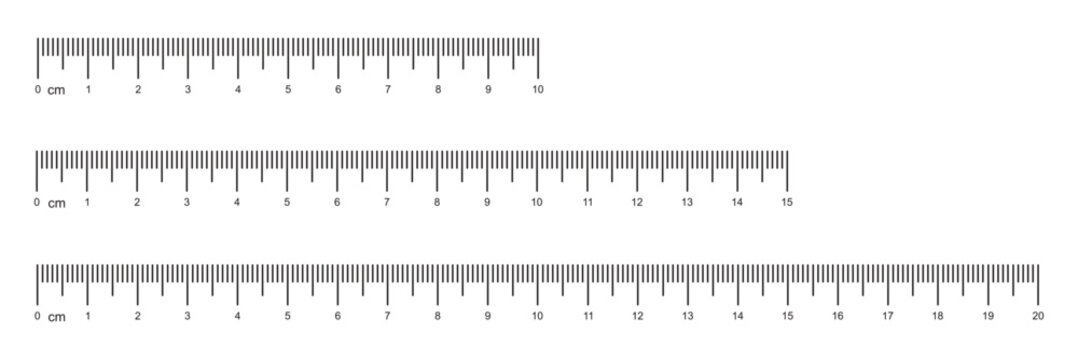 Set of measuring chart with 10, 15cm and 20 centimeters. Collection of ruler scale with numbers. Length measurement math, distance, Sewing tool. Templates of ruler scale. 