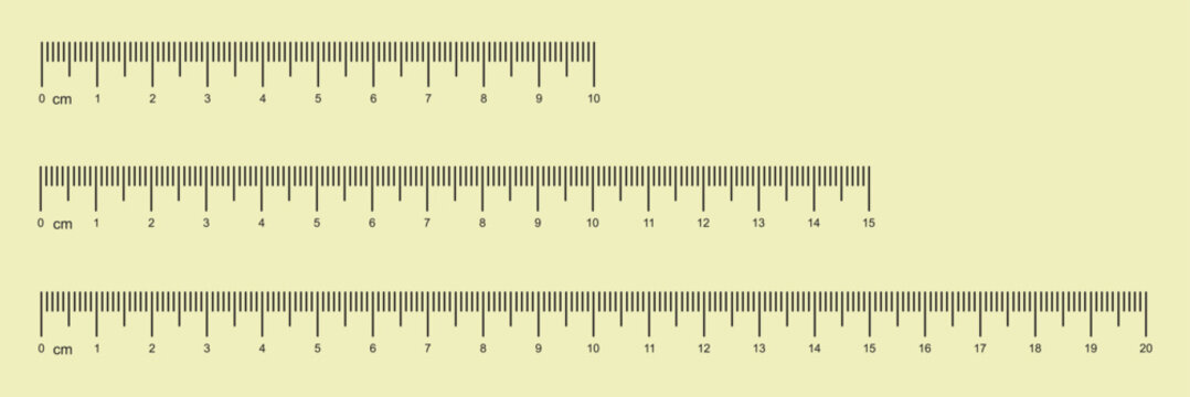 Set of measuring chart with 10, 15cm and 20 centimeters. Collection of ruler scale with numbers. Length measurement math, distance, Sewing tool. Templates of ruler scale. 