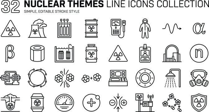 Nuclear Energy and Radiation Line Icons Collection