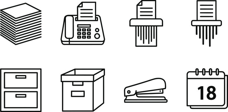 Office administration line icons documents equipment and organization tools for business concepts