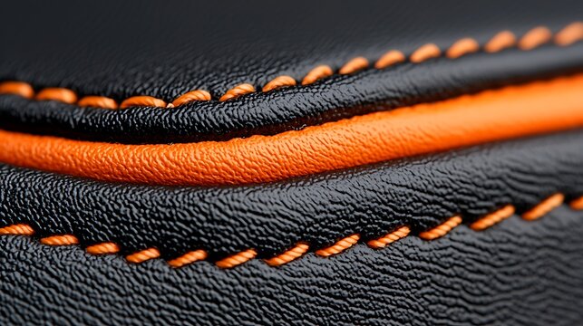 Close-Up of Black Textured Leather with Orange Stitching Highlighting Craftsmanship and Detail