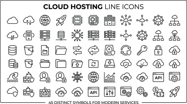 Cloud Hosting and Data Line Icons Set