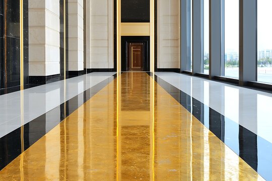 Elegant hallway with polished marble floor and golden accents in modern interior design space