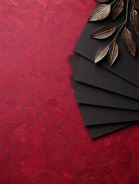 Elegant Copper Leaf Accents on Black Paper Background with Textured Red Surface