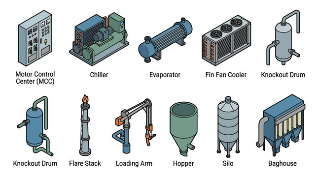 Isometric Industrial Equipment and Factory Machinery Icon Set featuring Silo Chiller Evaporator Flare Stack and Control Panel Vector Illustration for Infographics and Diagrams