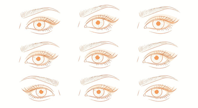 Collection of nine female eye shape variations and eyebrow styles in minimalist orange line art illustration, including almond, hooded, and round shapes for beauty and makeup guides.