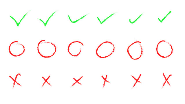 check circle cross symbol set. green check mark red circle and cross hand drawn symbol set for correction grading voting check list choice