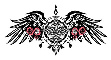 Fototapeta premium Heraldic Eagle Wings Tribal Tattoo Vector Illustration Black Vintage Emblem with Crown Shield Floral Ornament and Decorative Silhouette Logo Design