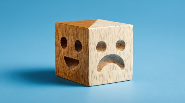 A wooden cube with carved happy and sad faces on adjacent sides sits against a blue background, symbolizing contrasting emotions.