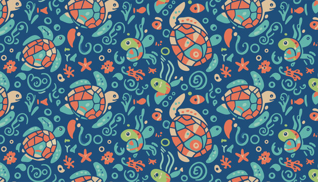 Colorful seamless pattern showcases cute sea turtles and tropical fish swimming together in a deep blue ocean reef.