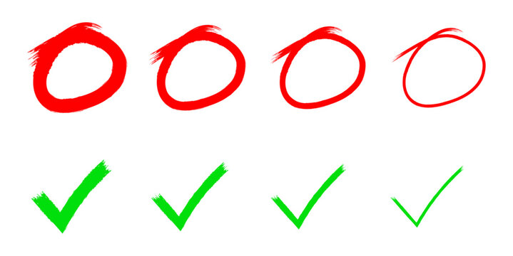 circle and check marks. red circles and green check marks brush stroke set for quality assurance approval and correction