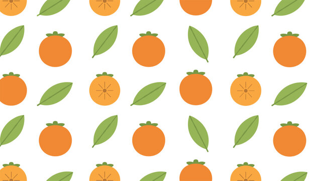 Vibrant seamless pattern showcases bright orange persimmon fruits and green leaves on a crisp white background.