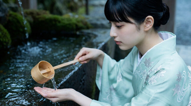 神社の手水舎で柄杓を使い手を清める着物姿の日本人女性
