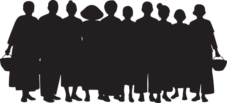 Group of people silhouettes, monks or novices in a row