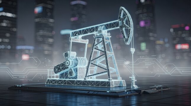 A digital wireframe model of an oil pumpjack with futuristic interface elements set against a blurred cityscape at night.