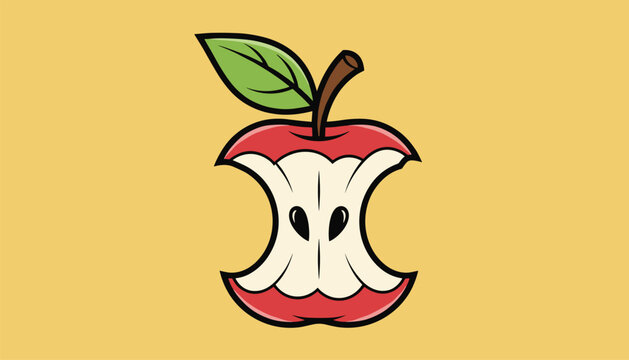 Hand drawn illustration of a red apple core with a green leaf and black seeds isolated on a solid yellow background.