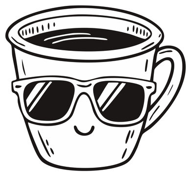 Cartoon coffee cup with sunglasses and a smiling face, drawing in black and white.