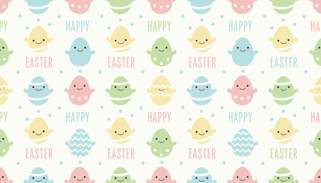 Cute easter seamless pattern with smiling pastel colored easter eggs and happy easter text on a white background.