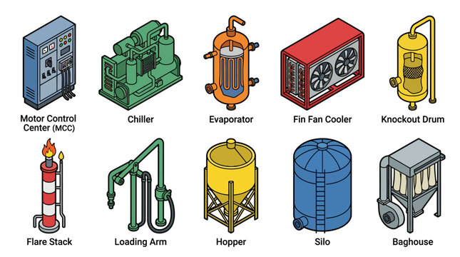 Isometric Industrial Equipment Icon Set for Process Flow Diagrams featuring Silo, Chiller, Evaporator, Hopper, and Motor Control Center Vector Illustrations