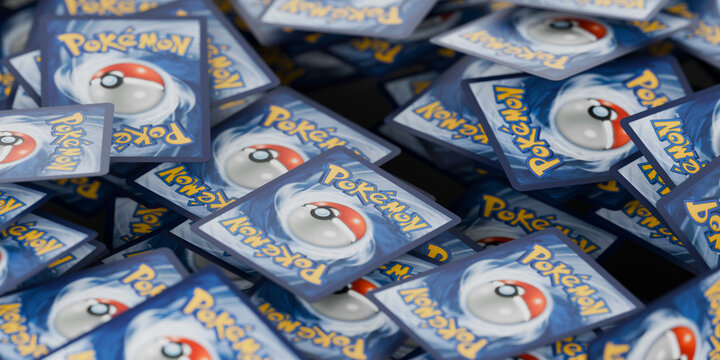 Pile of English Pokemon Trading Cards, reverse side. Pokemon TCG Collecting