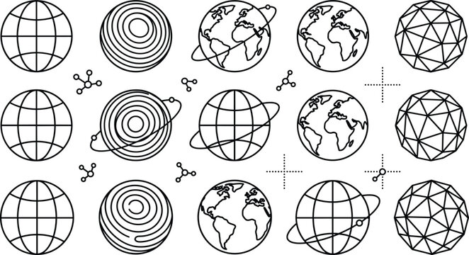 Global network earth globe vector doodle icon set with world planet map grid orbit and tech outline elements