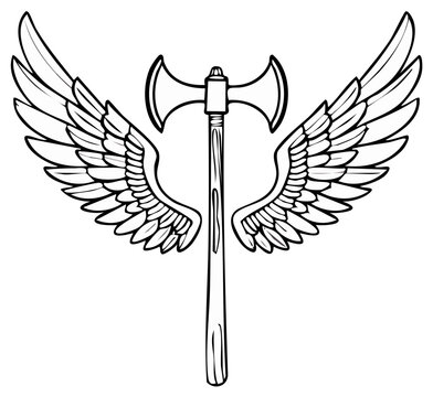 Symbol of a double bladed axe with large spread wings monochrome illustration