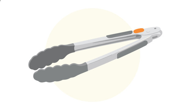 Flat vector illustration of kitchen metal tongs with grey silicone handles isolated on a light beige background.