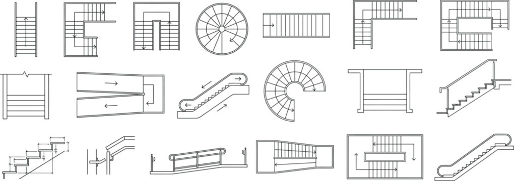 Staircase CAD symbol set. architectural stair and railing blocks for floor plans, construction drawings and building layout plans