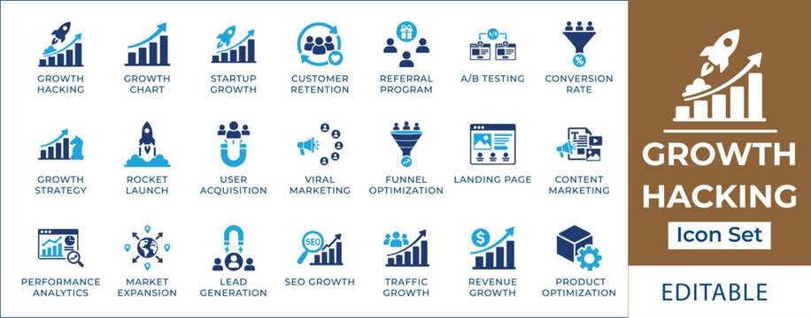 Growth hacking icon set featuring business startup rocket launch, marketing funnel optimization, customer acquisition magnet, a b testing website, and revenue analytics symbols.