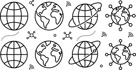 Global network earth vector doodle icon set with world planet satellite orbit internet communication elements in outline style © Hafizul
