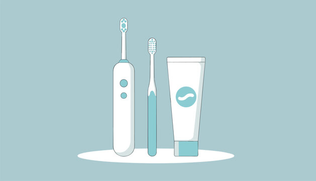 Flat vector illustration of an electric toothbrush, a manual toothbrush, and a tube of toothpaste on a blue background.