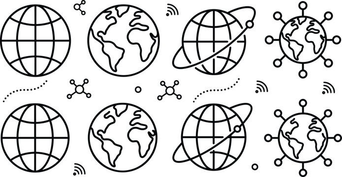 Global network earth vector doodle icon set with world planet satellite orbit internet communication elements in outline style