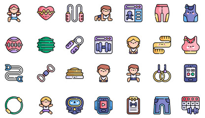 Obraz premium Cute Fitness Healthcare and Yoga Icon Set