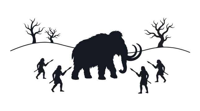 Black silhouette illustration of ancient tribal hunters with spears surrounding a large woolly mammoth in a minimalist prehistoric landscape with dead trees on a white background.