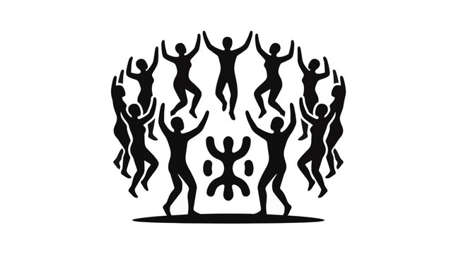 Black silhouette illustration of ancient tribal people performing a ritual dance in a circular formation around a central symbol; minimalist group celebration on white background.