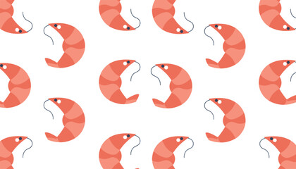 Fototapeta premium Fresh pink prawns form a seamless seafood pattern on a white background suitable for restaurant menu designs.