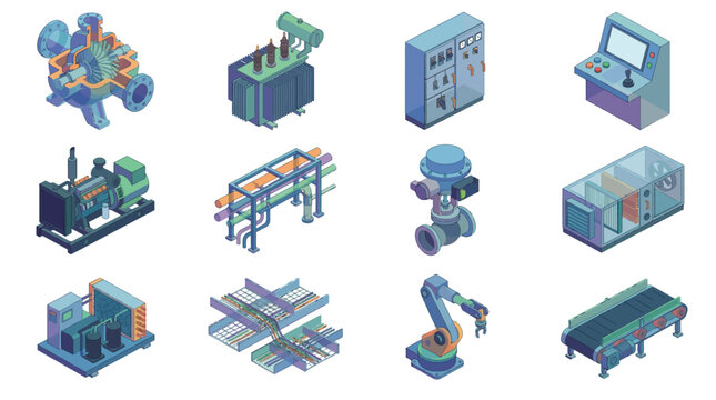 Isometric industrial machinery vector icon set featuring turbine pump transformer generator control panel robotic arm conveyor belt for factory manufacturing and engineering design