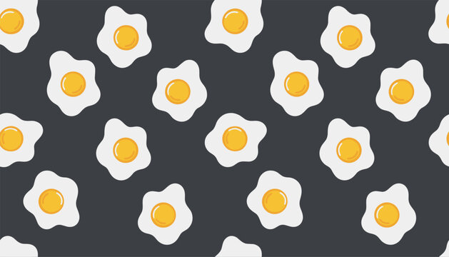 Delicious sunny side up fried eggs form a seamless pattern on a dark gray background representing breakfast foods.