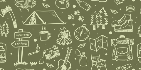 Hand drawn camping and outdoor adventure seamless pattern with tent. Doodle vector illustration of green colors hiking equipment for recreation and wilderness travel © ngupakarti