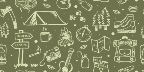 Hand drawn camping and outdoor adventure seamless pattern with tent. Doodle vector illustration of green colors hiking equipment for recreation and wilderness travel © ngupakarti