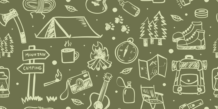 Hand drawn camping and outdoor adventure seamless pattern with tent. Doodle vector illustration of green colors hiking equipment for recreation and wilderness travel