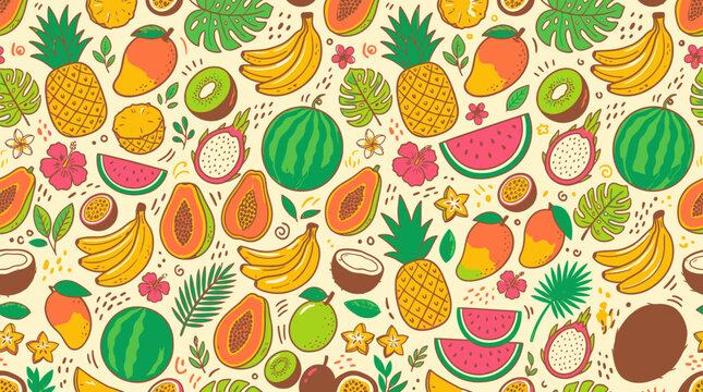 Colorful assorted tropical fruit collection.
