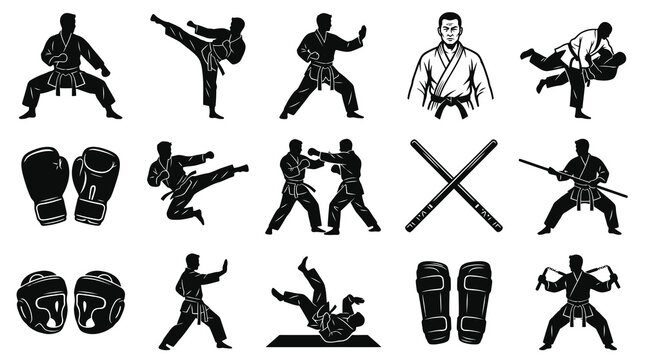 Martial Arts Combat Sports Silhouettes Icon Set. Black  White Glyph Elements of Fighters  Equipment.