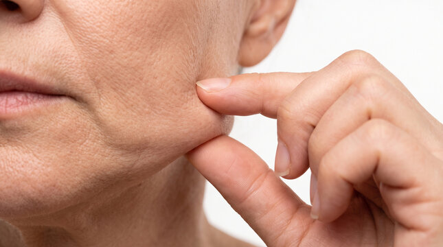 fingers holding the flabbiness adipose sagging skin cheek with copy space