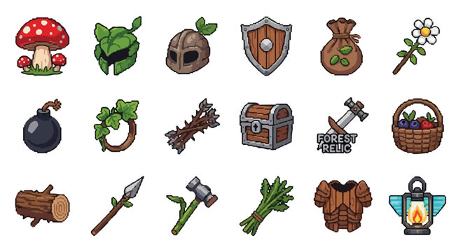 A collection of 18 detailed pixel art icons featuring forest-themed fantasy items like weapons, armor, food, and tools for game design.