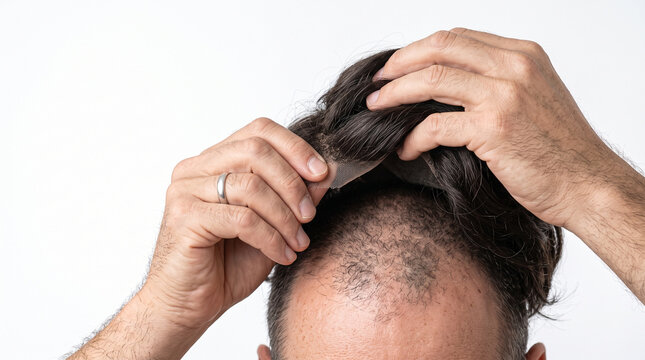 a balding man lifting his hairpiece toupee revealing thinning hair on white background