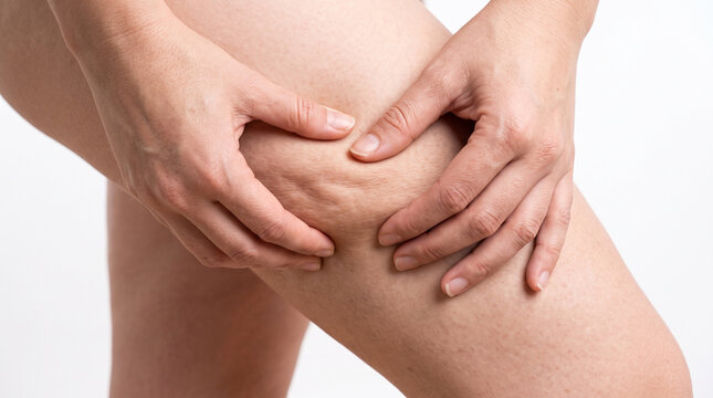 fingers holding the flabbiness adipose sagging skin under the legs