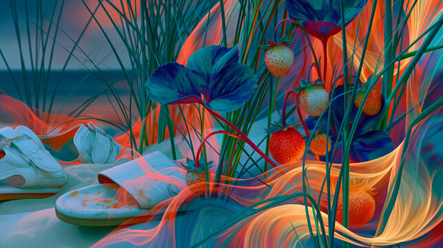 Abstract Neon Strawberry Garden with Flowing Light and Leaves