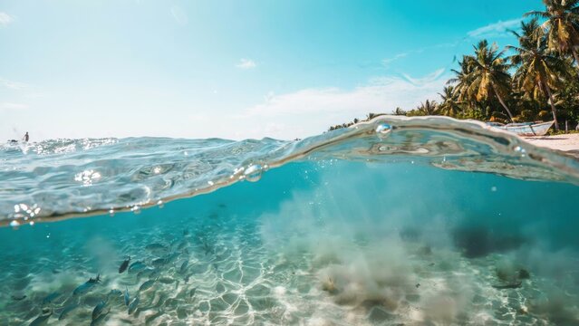 Split view photography of tropical beach with fish swimming underwater and palm trees above surface.